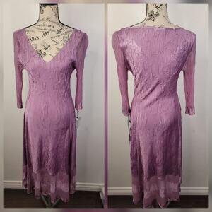 Komarov Chiffon Charmeuse Slip Dress SZ S Very Grape 3/4 Sleeves Crinkled Fairy